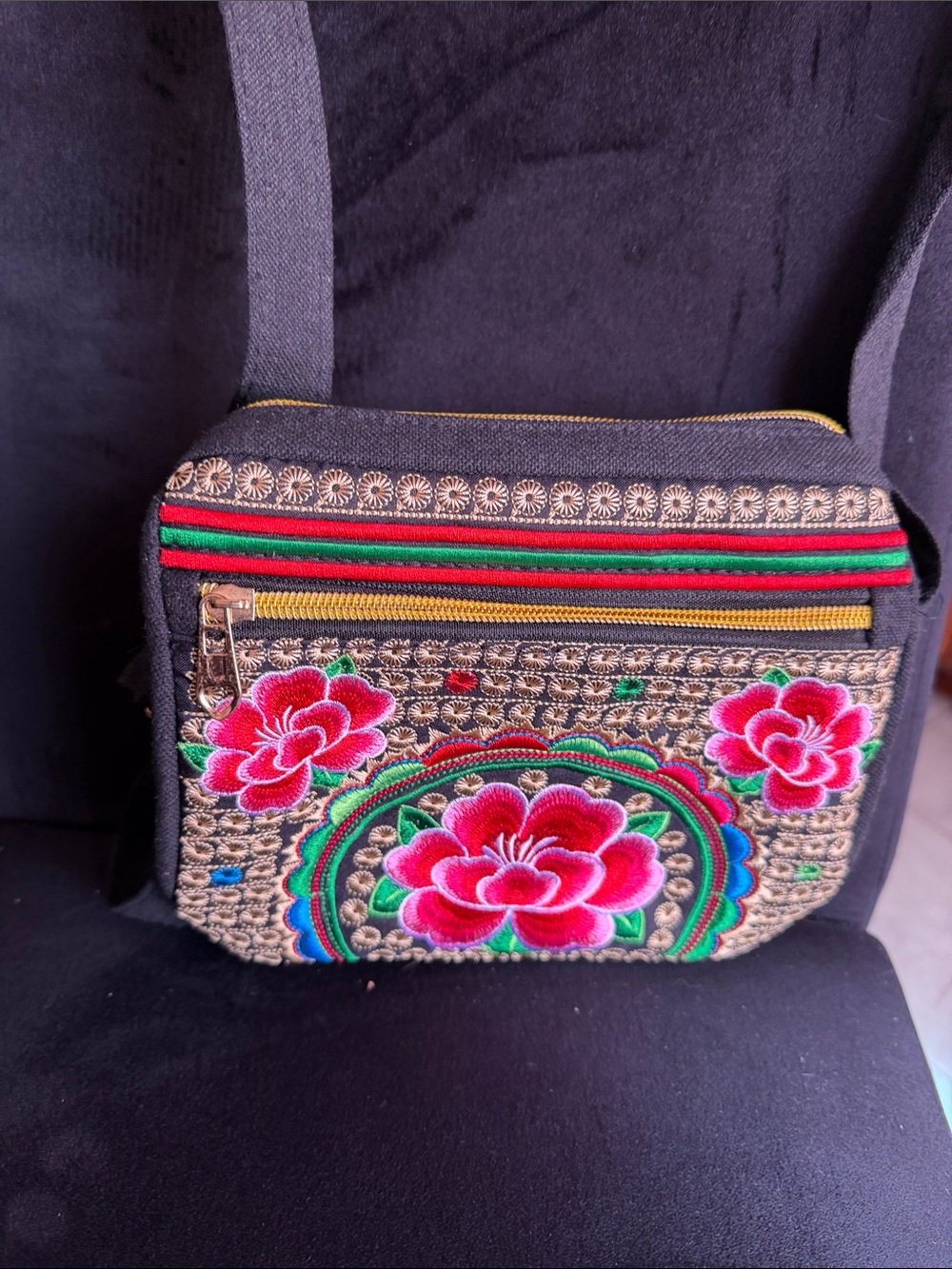 Embroidered Floral Crossbody Bag in Black and Pink